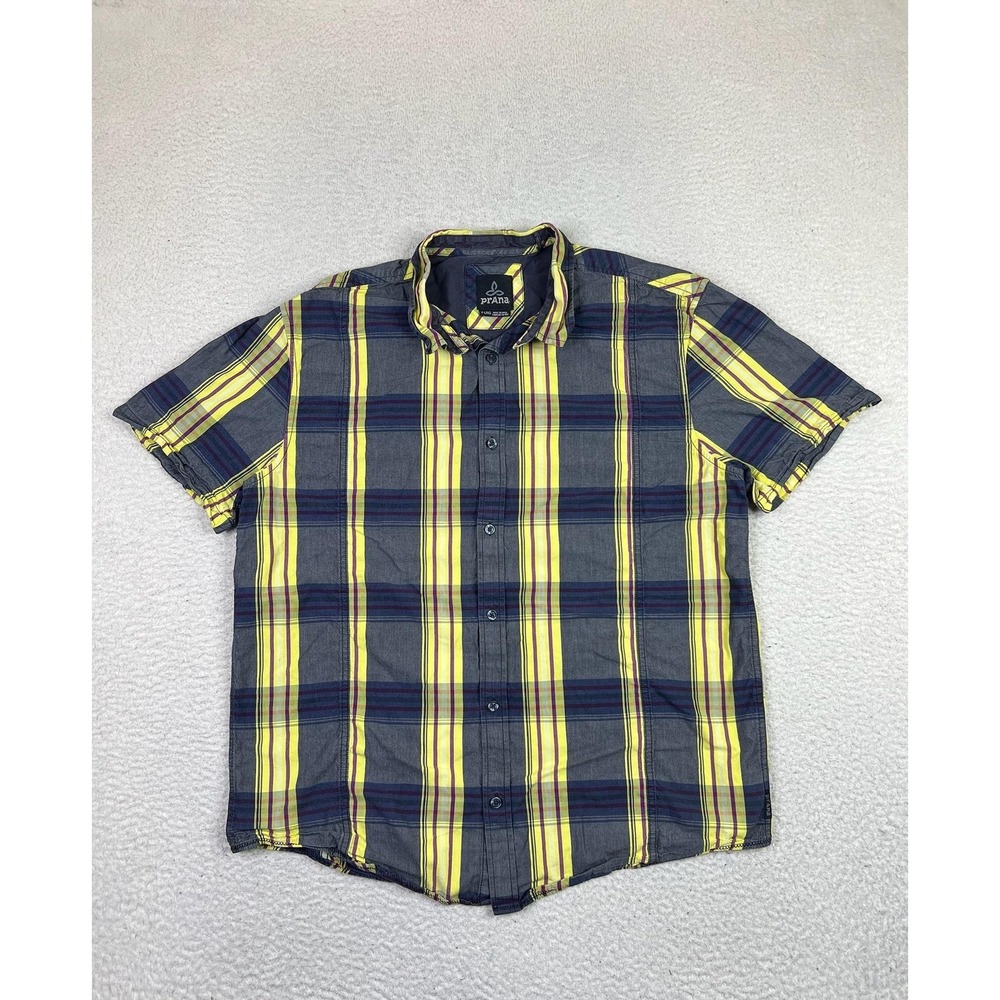 prAna Shirt Mens Extra Large Yellow Plaid Organic Cotton Short Sleeve M11170312